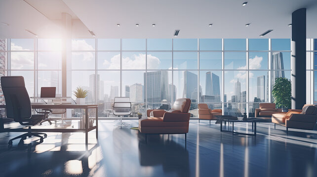 moderna oficina  de una gran empresa en edificio contemporaneo acristalado, con luz naturas y vistas a una ciudad con rascacielos, con decoración minimalista de sofas naranjas, escritorios y sillas