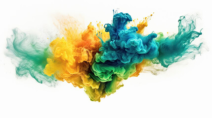 fondo proyectado de polvo de colores  azul, amarillo, naranja y verde en forma de explosión sobre fondo blanco - obrazy, fototapety, plakaty