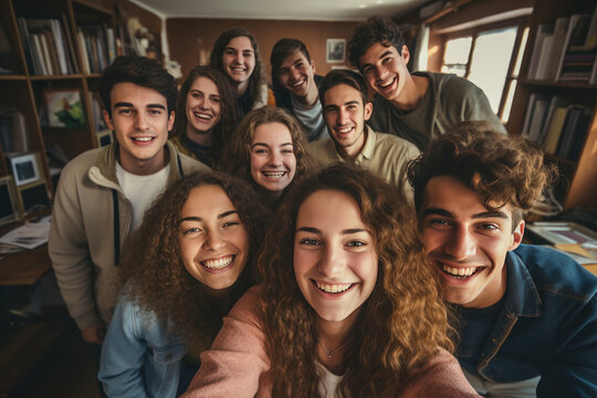 grupo de jovenes estudiantes haci&eacute;ndose un selfie en la biblioteca de la universidad
