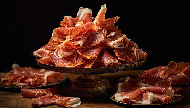 jam&oacute;n serrano ib&eacute;rico espa&ntilde;ol cortado presentado sobre plantos y bandeja central, todo ello sobre fondo negro