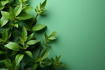Copy space on a pale green backdrop, adorned with foreground mint leaves - obrazy, fototapety, plakaty