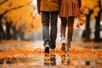 In love and style, a couples feet grace autumn leaves, a fashion forward embrace