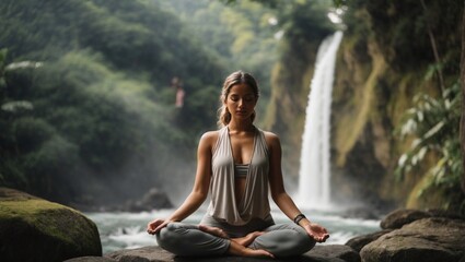yoga in the lotus position. Yoga lotus pose. Young Caucasian woman sitting on the stone, meditating, practicing yoga, pranayama at waterfall. Hands in gyan mudra.