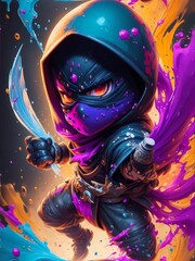 Cute ninja boy, beautiful splash colorful background