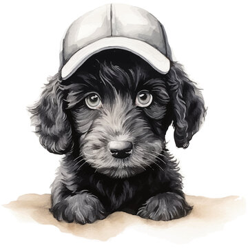 Watercolor illustration black and white goldendoodle puppy by hand draw isolated on white background.