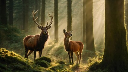 Mystical forest clearing where a majestic stag with luminescent antlers meets the gaze of a curious fox under the dappled sunlight. Deer, animal, mammal, wildlife nature.