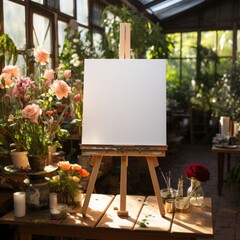 White Board canvas on wood easel in the garden, welcome sign, Seating chart Mockup, Easel Sign Mockup, Wedding Sign Mockup, Welcome Sign Mockup, Easel Mockup, Baby Shower Mockup, 3d render
