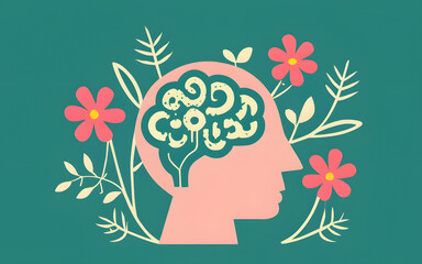 Human face tree with flowers, self care and mental health concept, positive thinking, creative mind illustration.