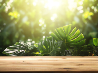 Abstract blank wooden tabletop over blurred green plant in garden background with morning sunlight