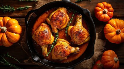 chicken thighs in a cast iron skill pan on a rustic wooden table with pumpkins and mini gourds - obrazy, fototapety, plakaty