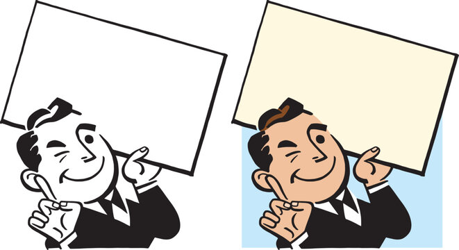 A vintage retro cartoon of a businessman holding up a blank sign and pointing to it. 