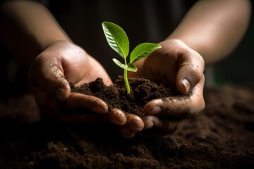 Close up hand holing soil and green plant.