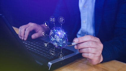 Fototapeta premium Businessman touching Global network connection digital business hologram, Big data analytics and business intelligence concept, Infograph, technology.