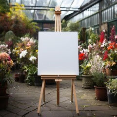 White Board canvas on wood easel in the garden, welcome sign, Seating chart Mockup, Easel Sign Mockup, Wedding Sign Mockup, Welcome Sign Mockup, Easel Mockup, Baby Shower Mockup, 3d render