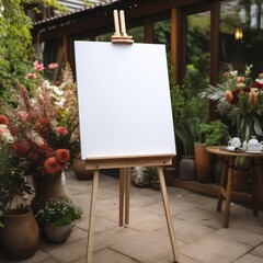 White Board canvas on wood easel in the garden, welcome sign, Seating chart Mockup, Easel Sign Mockup, Wedding Sign Mockup, Welcome Sign Mockup, Easel Mockup, Baby Shower Mockup, 3d render