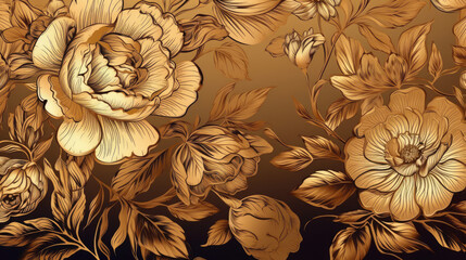 Luxury gold floral background vector. Golden gradient Roses and peonies flower line art wallpaper design for prints, cover, wall arts, greeting card, wedding cards, invitation.