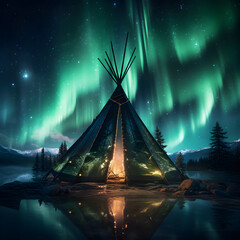 Native American teepee with the northern lights in the sky. A concept of Aurora Borealis and Native culture in America. Generative ai. 