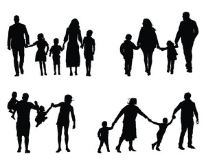 Black silhouettes of families in walking on a white background	