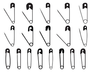 Black silhouettes of safety pin on a white background