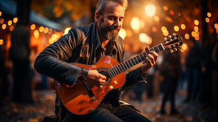 Obraz premium man with beard playing electric guitar in the street, original photoset
