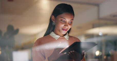 Night, online and business Indian woman on tablet for internet, website research and reading news. Networking, corporate worker and person on digital tech for planning schedule, agenda and project - Powered by Adobe