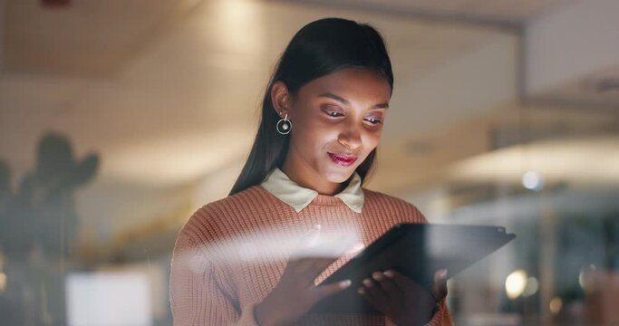 Night, online and business Indian woman on tablet for internet, website research and reading news. Networking, corporate worker and person on digital tech for planning schedule, agenda and project - Powered by Adobe