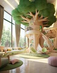 a kid's room with a tree house in the middle and lots of green trees on the top floor