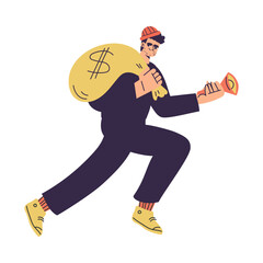 Man Criminal and Bandit Character Carry Money Sack Commit Crime Vector Illustration