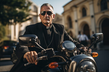 Fototapeta na wymiar a cool priest looking at the camera on his motorcycle