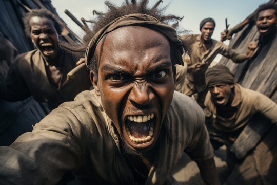 wide angle portrait of african pirates on their boat