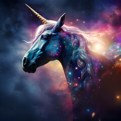 Unicorn in the form of the Milky Way galaxy. A fantasy concept set in a galactic backdrop. Generative ai. 