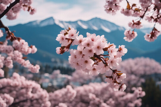 Cherry blossoms with mountain as background