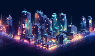 Fireworks in the city. A modern city with a wireless network connection. Futuristic neon city on a dark background. NFT, AI, isometric view, 3d, isometry