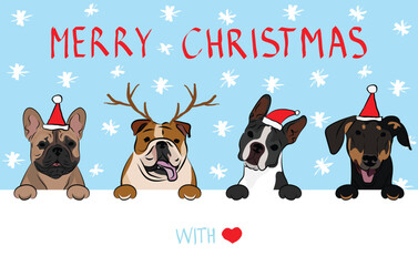 Merry Christmas postcard with dogs peeking out from the wall. Dog head with paws. Creative Happy Dog Christmas Card for puppy lovers. Mixed-Breed dog in Santa hat. Winter, Holiday character. Bulldog.