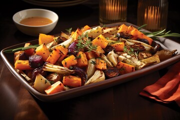 a sumptuous display of roasted root vegetables. Capture a tray laden with golden-browned parsnips,...
