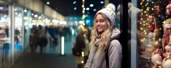 Blond woman smiling looking at shop window Christmas light