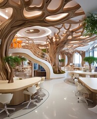 an office with many tables and chairs in front of the tree - like ceiling that is made out of wood