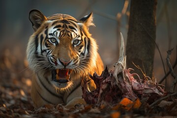 India. Bengal tiger holds a deer in its mouth