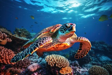 Obraz na płótnie Canvas Turtle swimming above the coral reef. High quality photo