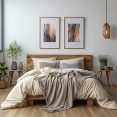 The stylish boho compostion at bedroom interior with design, natural colors, wooden table, commode and elegant personal accessories. Honey yellow pillow and plaid. Cozy apartment. Home decor