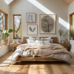 The stylish boho compostion at bedroom interior with design, natural colors, wooden table, commode and elegant personal accessories. Honey yellow pillow and plaid. Cozy apartment. Home decor