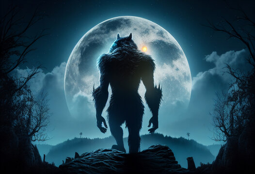 Silhouette of a scary werewolf against the background of the full moon. AI Generated