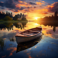 Fototapeta premium Serene scene of a boat on at sunrise/sunset