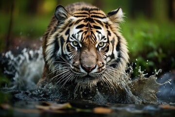 Danger animal, tajga, Russia. Animal in green forest stream. Grey stone, river droplet. Siberian tiger splash water. Tiger wildlife scene, wild cat, nature habitat