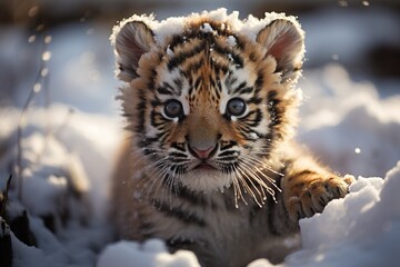Obraz premium Cute Tiger cub playing in snow winter