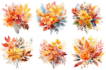Obraz premium watercolor painting style illustration clipart of Autumn flower bouquet set collection isolated on white background, Generative Ai