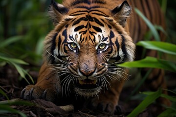 Fototapeta premium Tiger ready to pounce jump and hunt