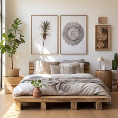 The stylish boho compostion at bedroom interior with design, natural colors, wooden table, commode and elegant personal accessories. Honey yellow pillow and plaid. Cozy apartment. Home decor