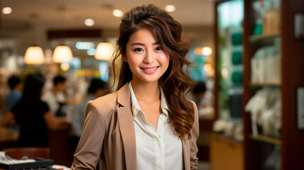 portrait beautiful asian woman in shop store, happy and smiling, looking at camera