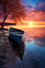 Naklejka na ściany i meble Serene scene of a boat on at sunrise/sunset